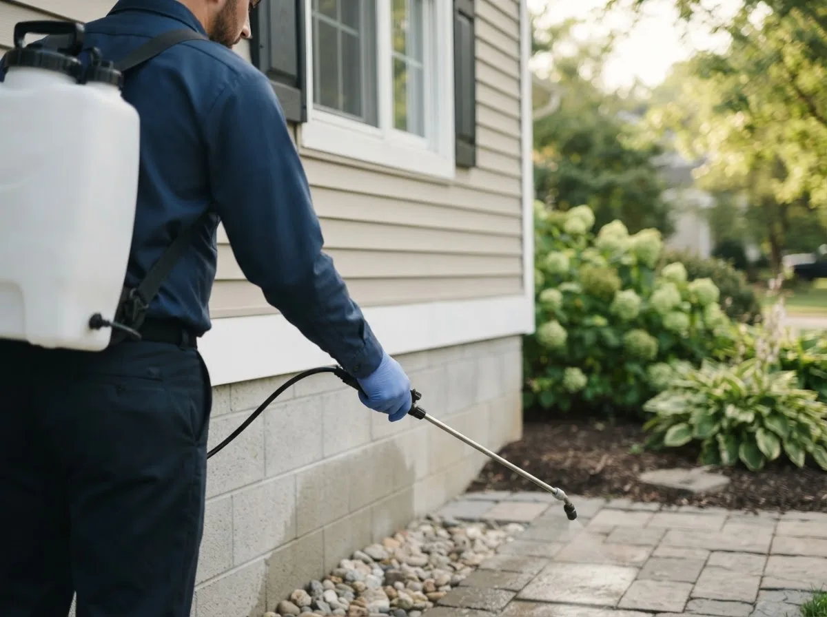 Pest control technician inspecting a home in Troy, TN